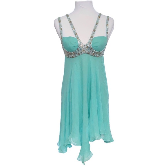 Vintage Mandalay green teal silver sequin beaded sleeveless v-neck silk dress - Picture 1 of 13